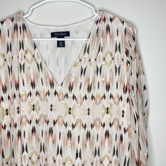 White House Black Market Pastel Print Split Sleeve Gold Threads Lined Top Size 8 - Picture 5 of 12